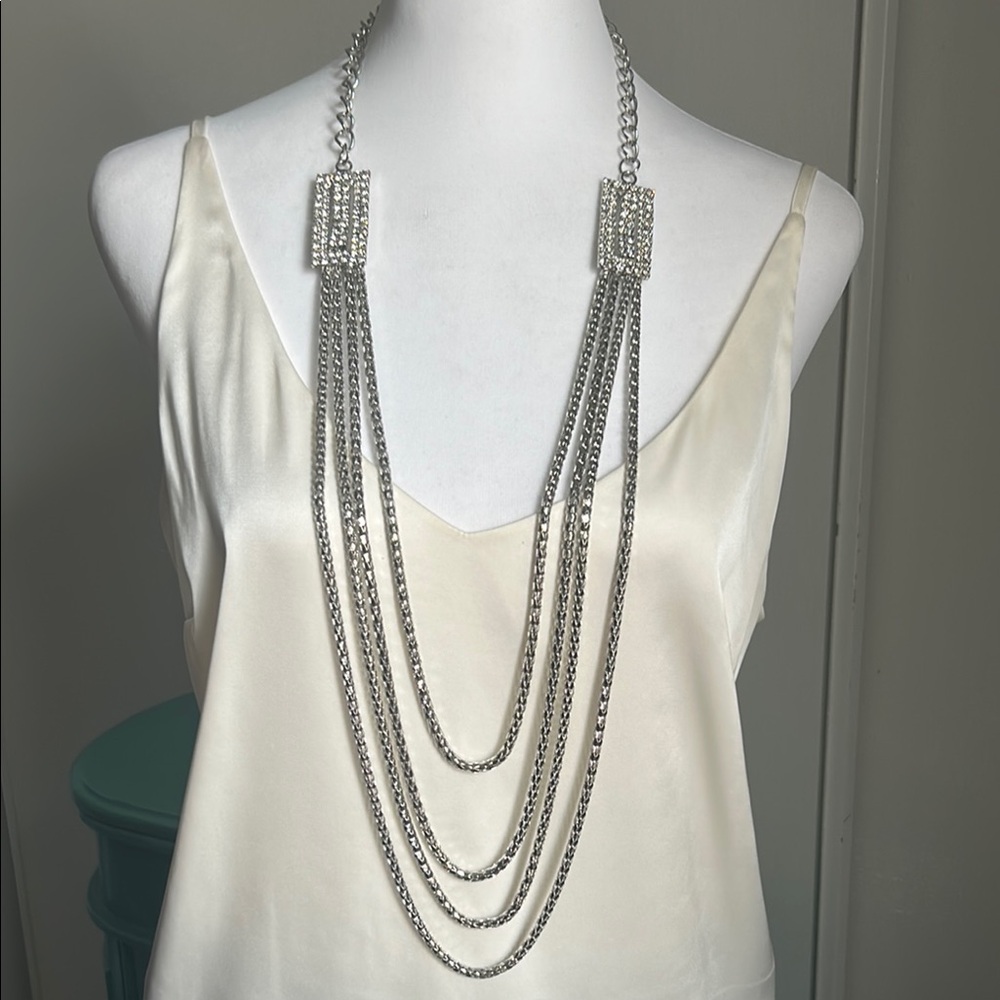 Art Deco Bridal Prom Formal Great Gatsby Silver Chain Multi-Layered Necklace